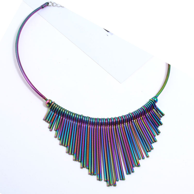 Wholesale  long tassel metal collar clavicle chain fan-shaped colorful short necklace trend punk style